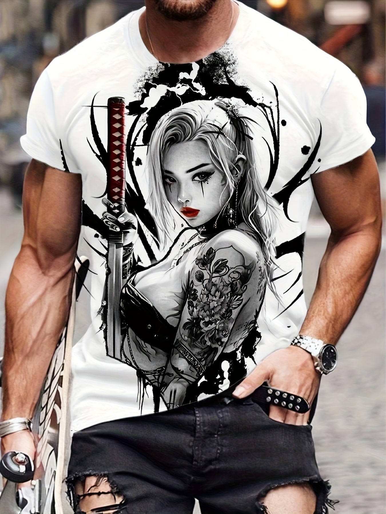 Men's 3D Graphic T-Shirt with Bold Sword Warrior Portrait