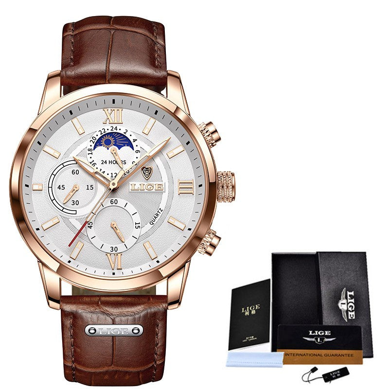 LIGE Original Watch Men's Fashion Leather Waterproof