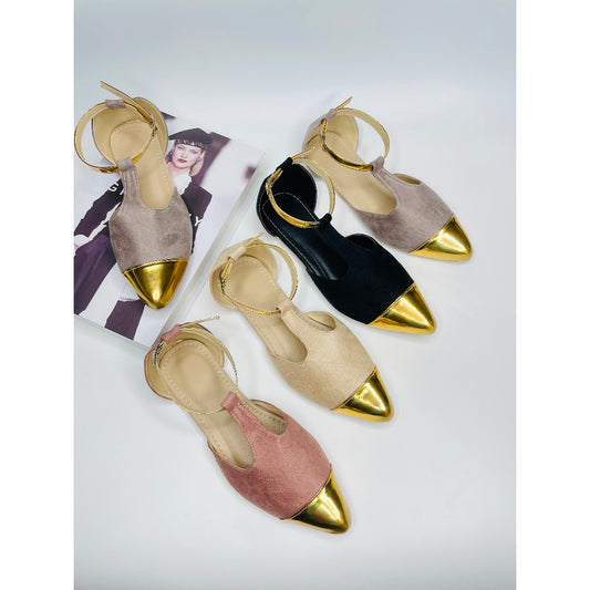 Mgubs - ALICE - Flat Pointed Dollshoes Gold Toe Suede