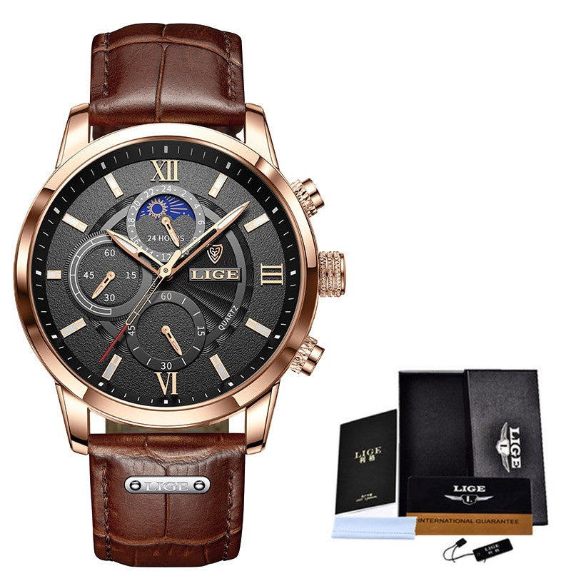 LIGE Original Watch Men's Fashion Leather Waterproof