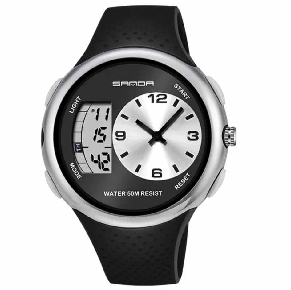 SANDA Dual Display Sports Waterproof Alarm Calendar Watch