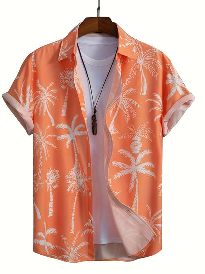 TM Hawaiian Coconut Pattern Men's Short Sleeve Lapel Shirt, Comfy Casual Male Tops