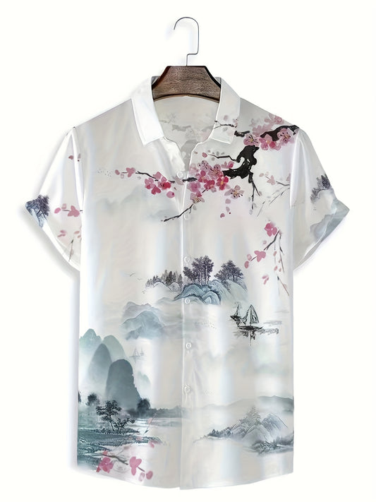 TM Special Landscape Painting Pattern, Lapel Shirt For Summer Holiday