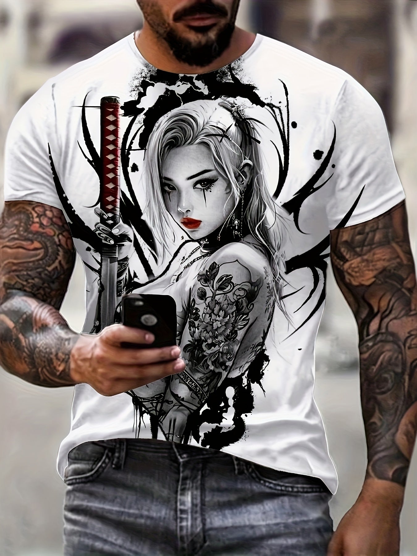 Men's 3D Graphic T-Shirt with Bold Sword Warrior Portrait