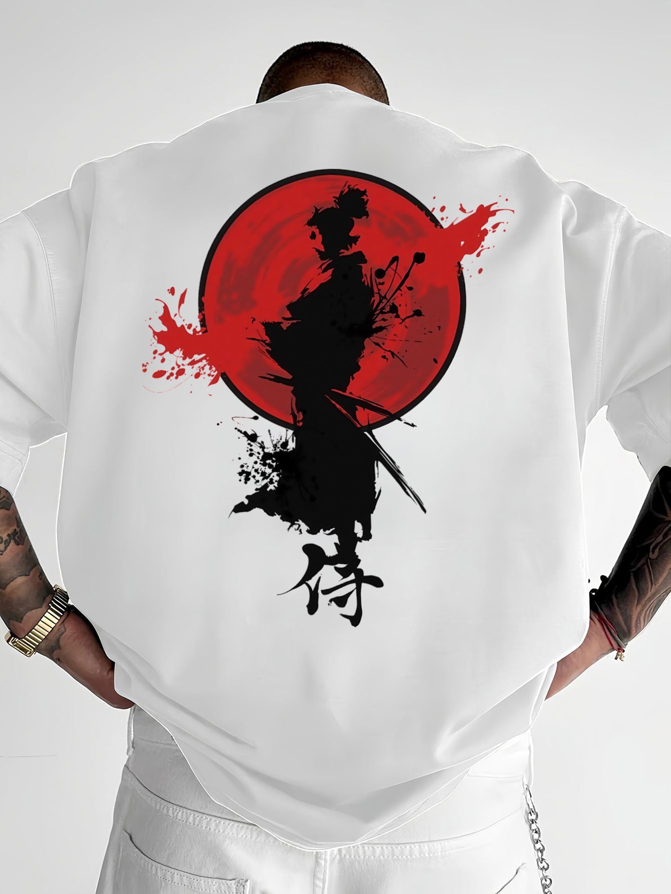 Men's Japanese Samurai Graphic T-Shirt - Red & Black Bold Print Crew Neck