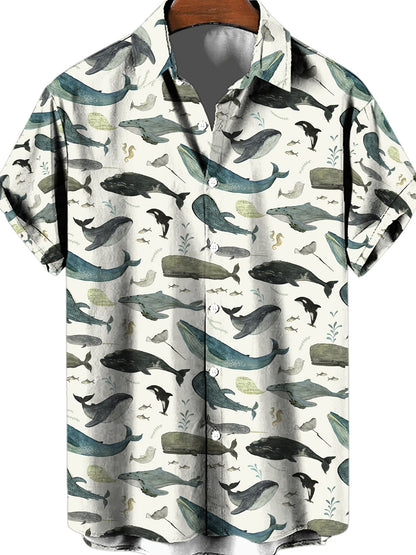 TM Men's Hawaiian Shirts, Fish 3D Print Fashion Short Sleeve V-neck Button Down Shirts