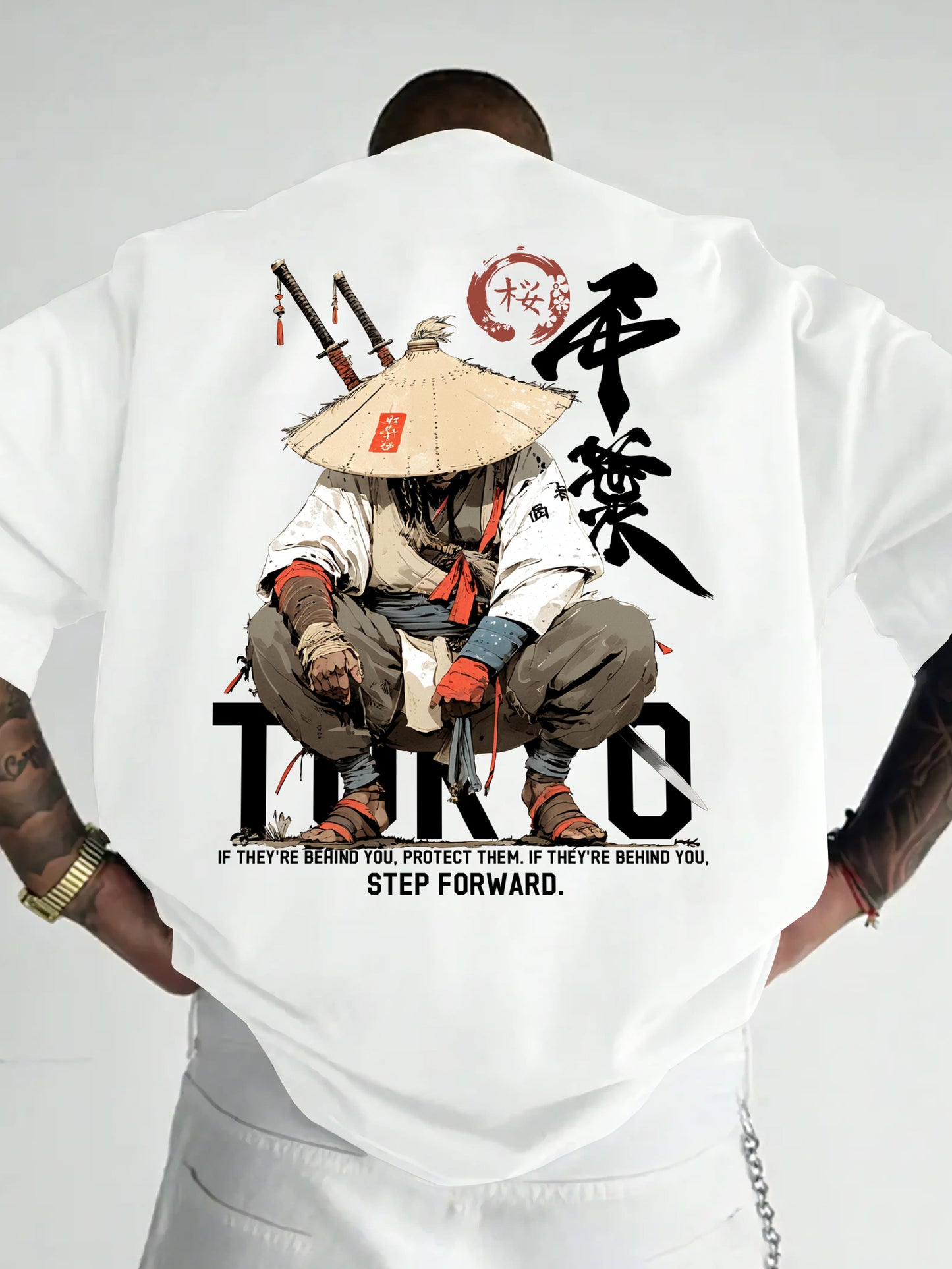 Men's Samurai Anime T-Shirt - Torico Manga Warrior Back Print & Kanji & Crossed