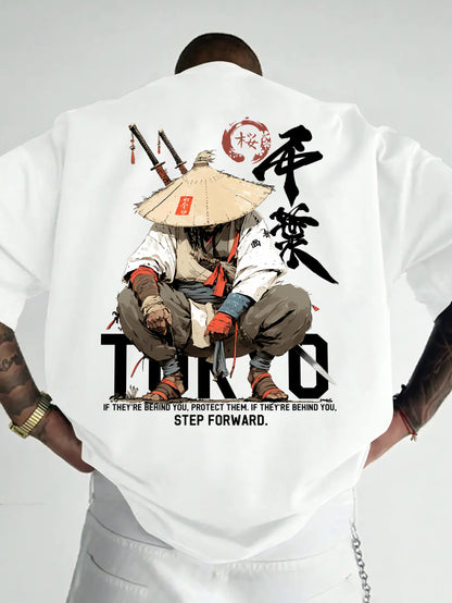 Men's Samurai Anime T-Shirt - Torico Manga Warrior Back Print & Kanji & Crossed