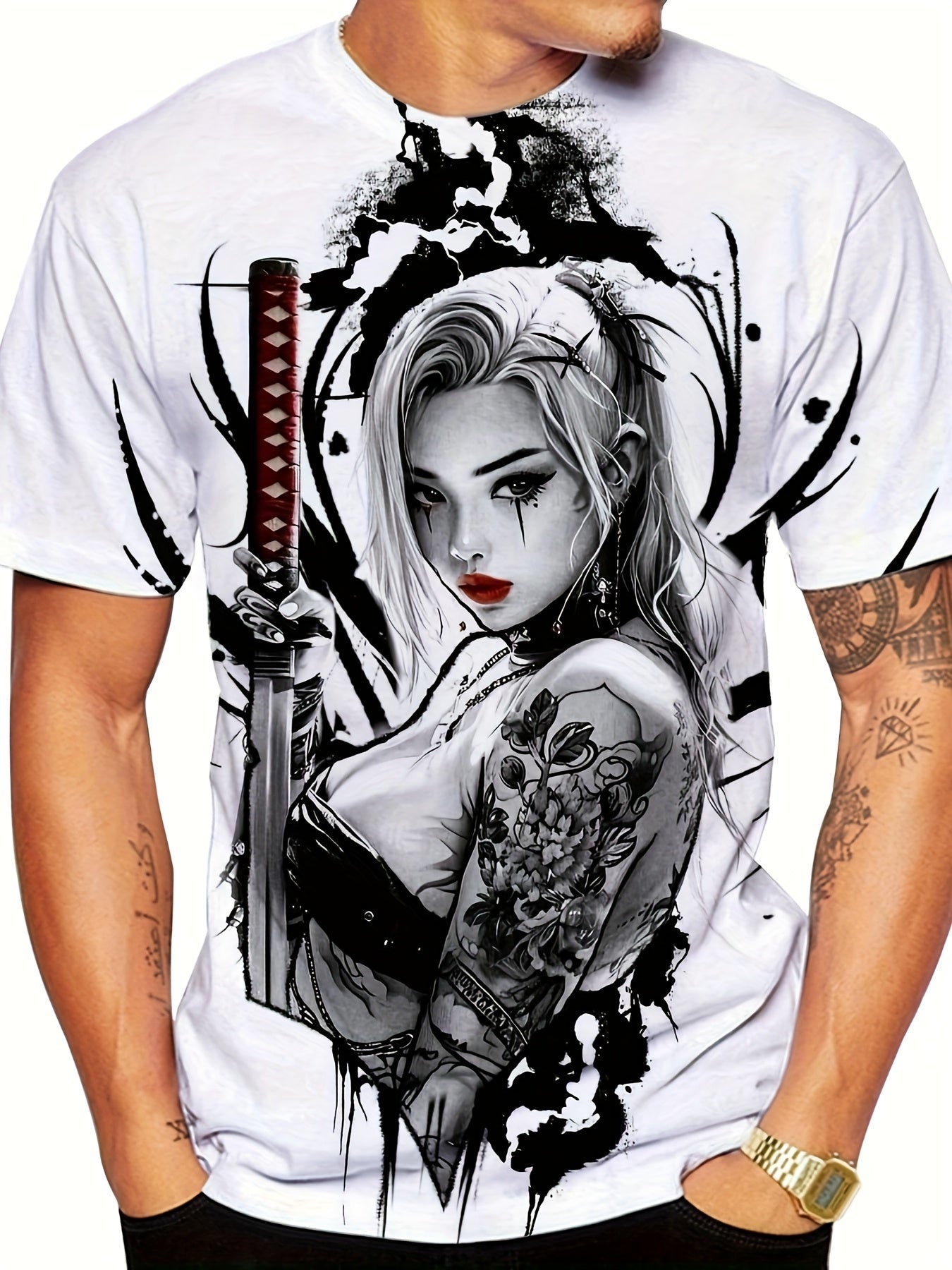 Men's 3D Graphic T-Shirt with Bold Sword Warrior Portrait