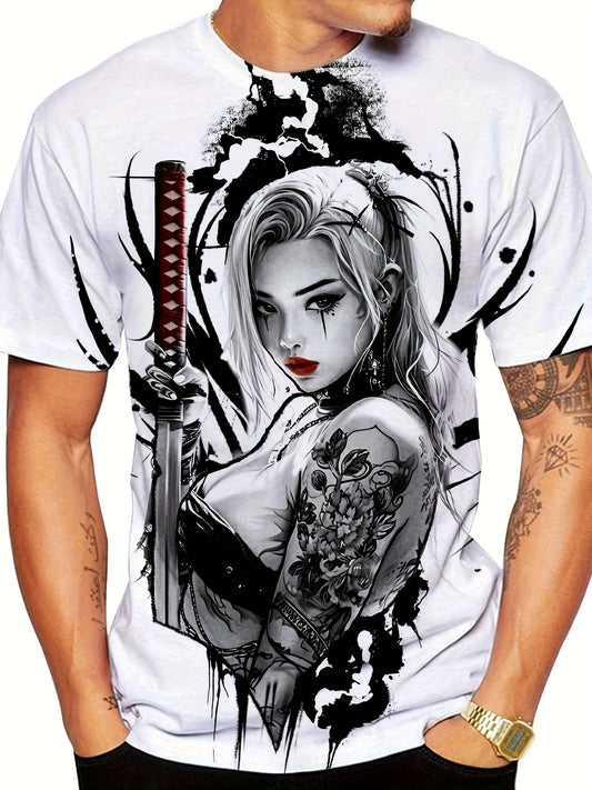 Men's 3D Graphic T-Shirt with Bold Sword Warrior Portrait