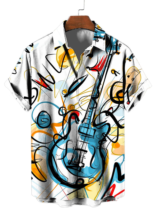 TM Men's Novelty Casual Guitar Graphic 3D Print Short Sleeve Shirt,