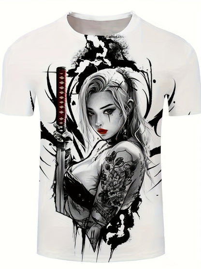 Men's 3D Graphic T-Shirt with Bold Sword Warrior Portrait