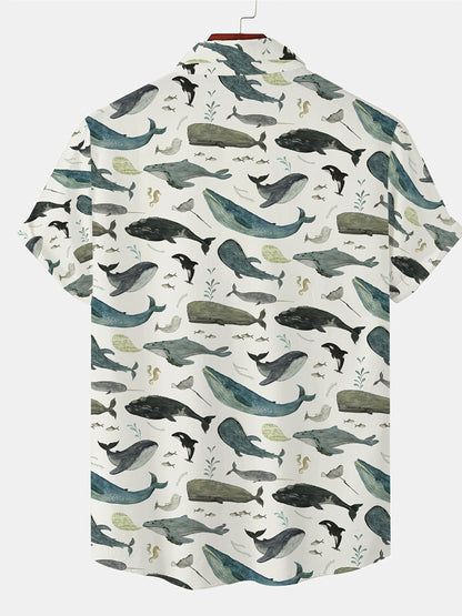 TM Men's Hawaiian Shirts, Fish 3D Print Fashion Short Sleeve V-neck Button Down Shirts