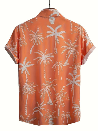 TM Hawaiian Coconut Pattern Men's Short Sleeve Lapel Shirt, Comfy Casual Male Tops