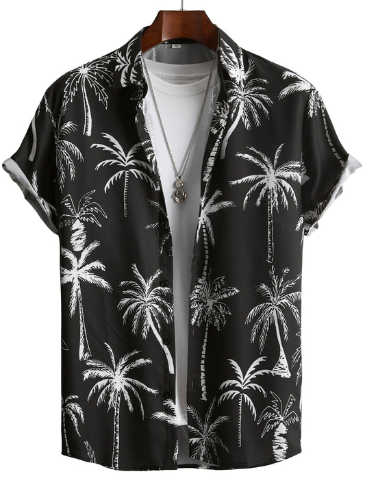 TM Anime Coconut Tree Print Men's Creative Short Sleeve Lapel Hawaiian Shirt,