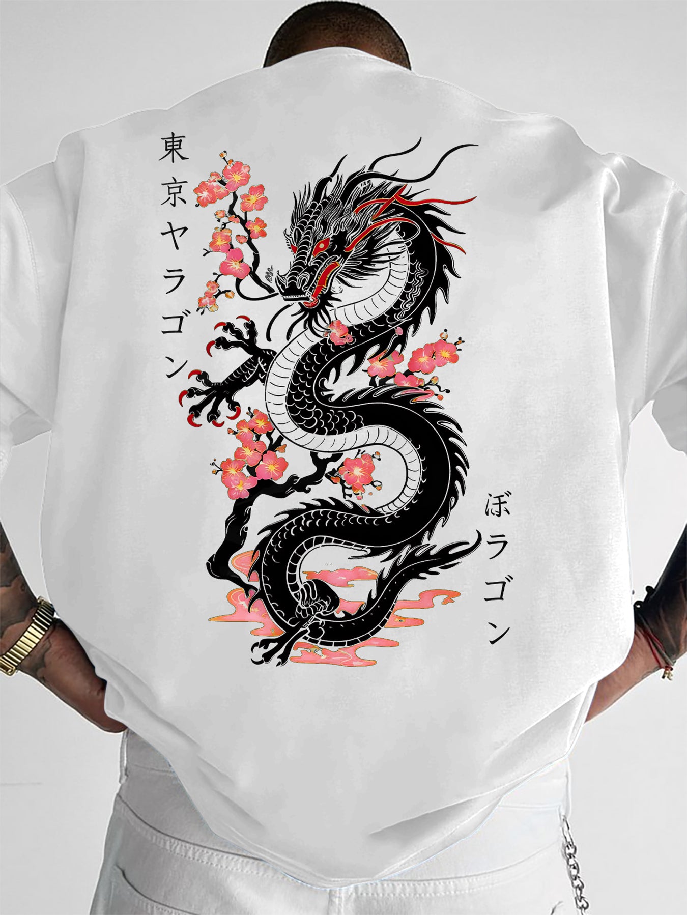Men'S Japanese-Inspired Dragon & Cherry Blossom Print T-Shirt - Oversized Streetwear Tee with Japanese Kanji Lettering, Breathable Short Sleeve Fabric, Loose Fit Round Neck Summer Casual Shirt for