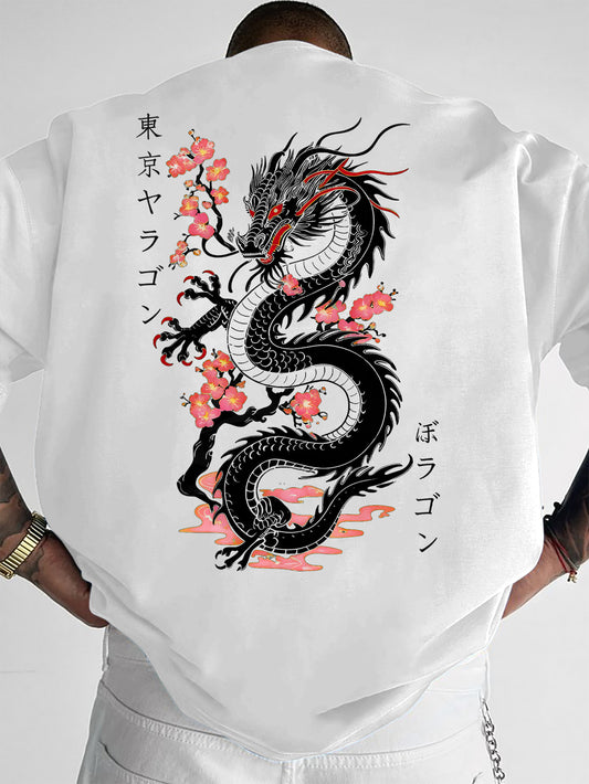 Men'S Japanese-Inspired Dragon & Cherry Blossom Print T-Shirt - Oversized Streetwear Tee with Japanese Kanji Lettering, Breathable Short Sleeve Fabric, Loose Fit Round Neck Summer Casual Shirt for