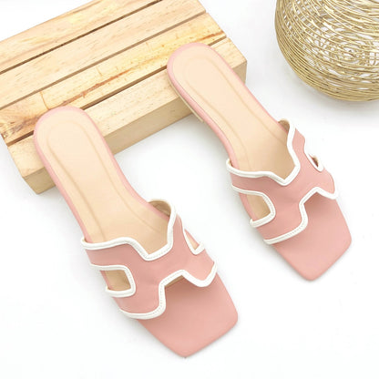 Micole - Millie 737 - Flat Square Toe Dual Tone H-Toe Strap Slides