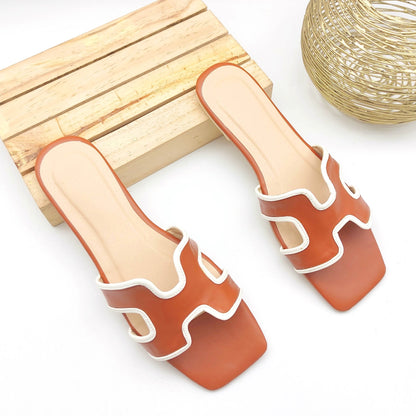 Micole - Millie 737 - Flat Square Toe Dual Tone H-Toe Strap Slides