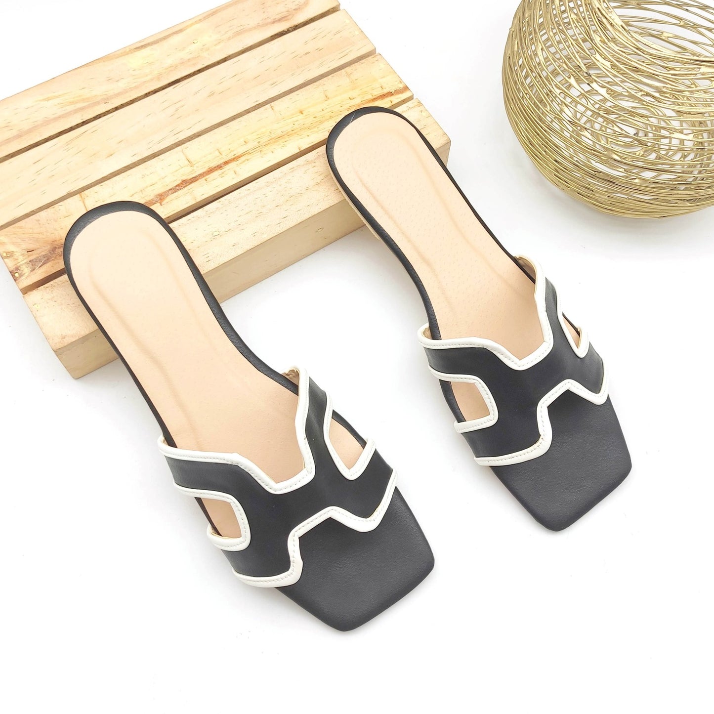 Micole - Millie 737 - Flat Square Toe Dual Tone H-Toe Strap Slides