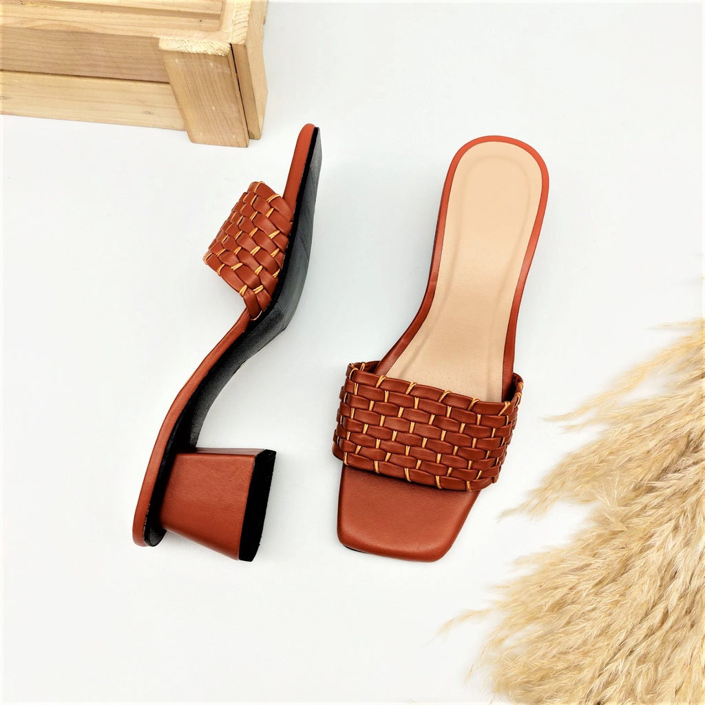 Miley - Eva 483 2-Inch Woven Leather Strands Strap Trapezoid Heels