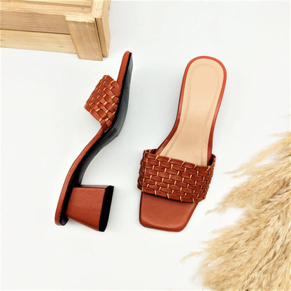 Miley - Eva 483 2-Inch Woven Leather Strands Strap Trapezoid Heels