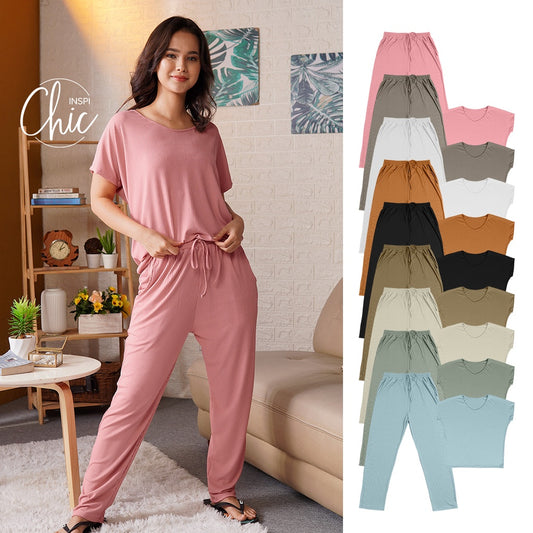 INSPI Chic Ribbed Drapes for Woman w/ Pants Rib Knitted Round Neck Blouse Wide Leg Pajama