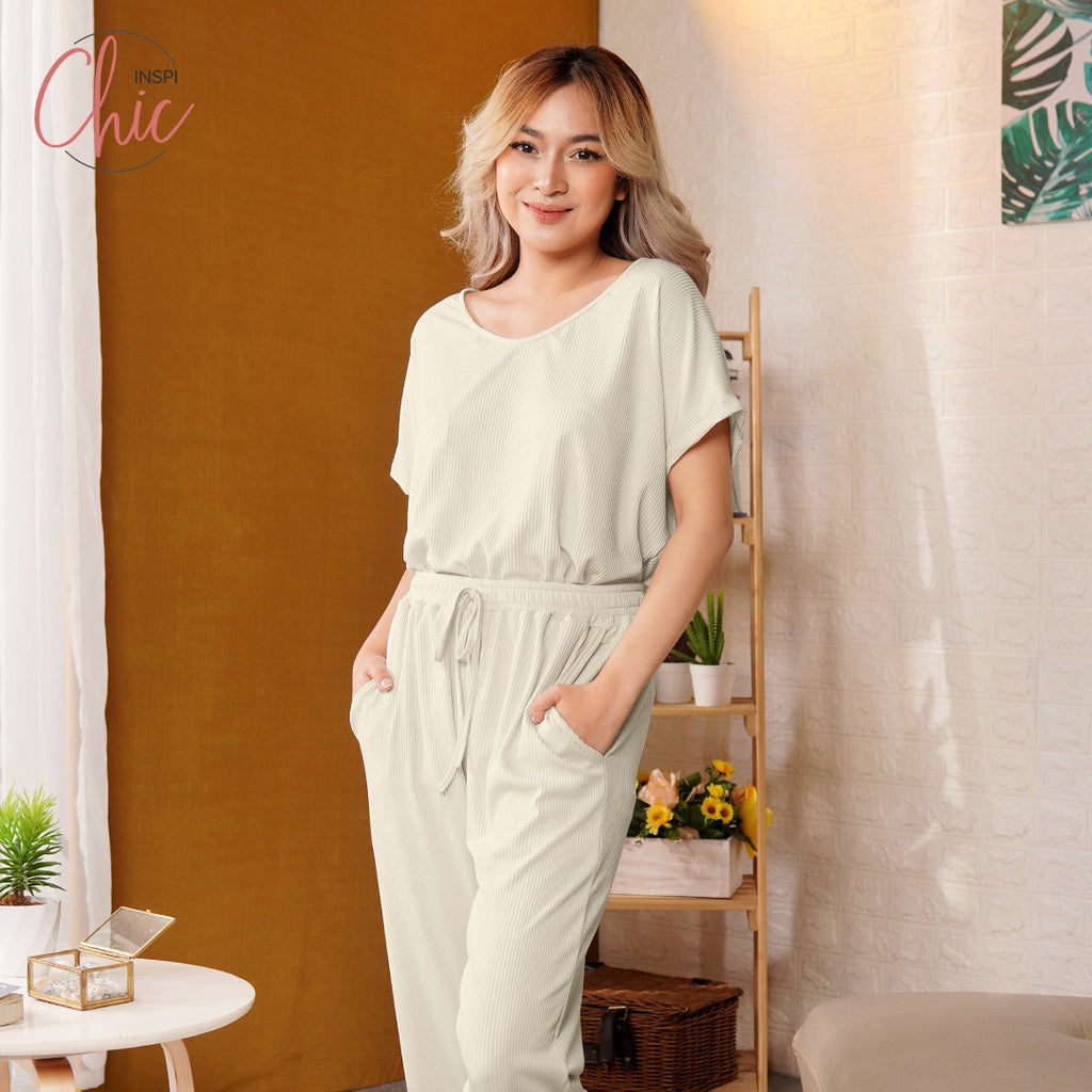 INSPI Chic Ribbed Drapes for Woman w/ Pants Rib Knitted Round Neck Blouse Wide Leg Pajama