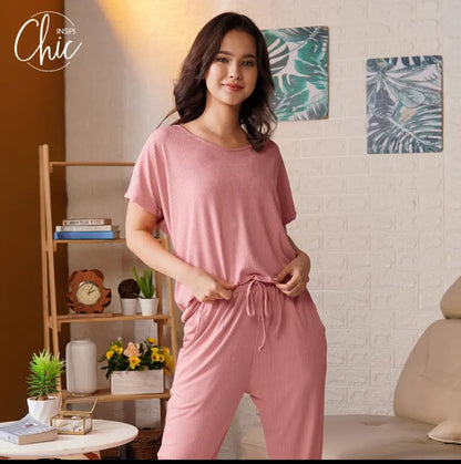 INSPI Chic Ribbed Drapes for Woman w/ Pants Rib Knitted Round Neck Blouse Wide Leg Pajama